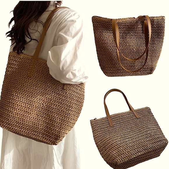 Handbags - Khaki Straw Bag Tote Bag Double Straps Lined Zip Closure Inside Pocket New